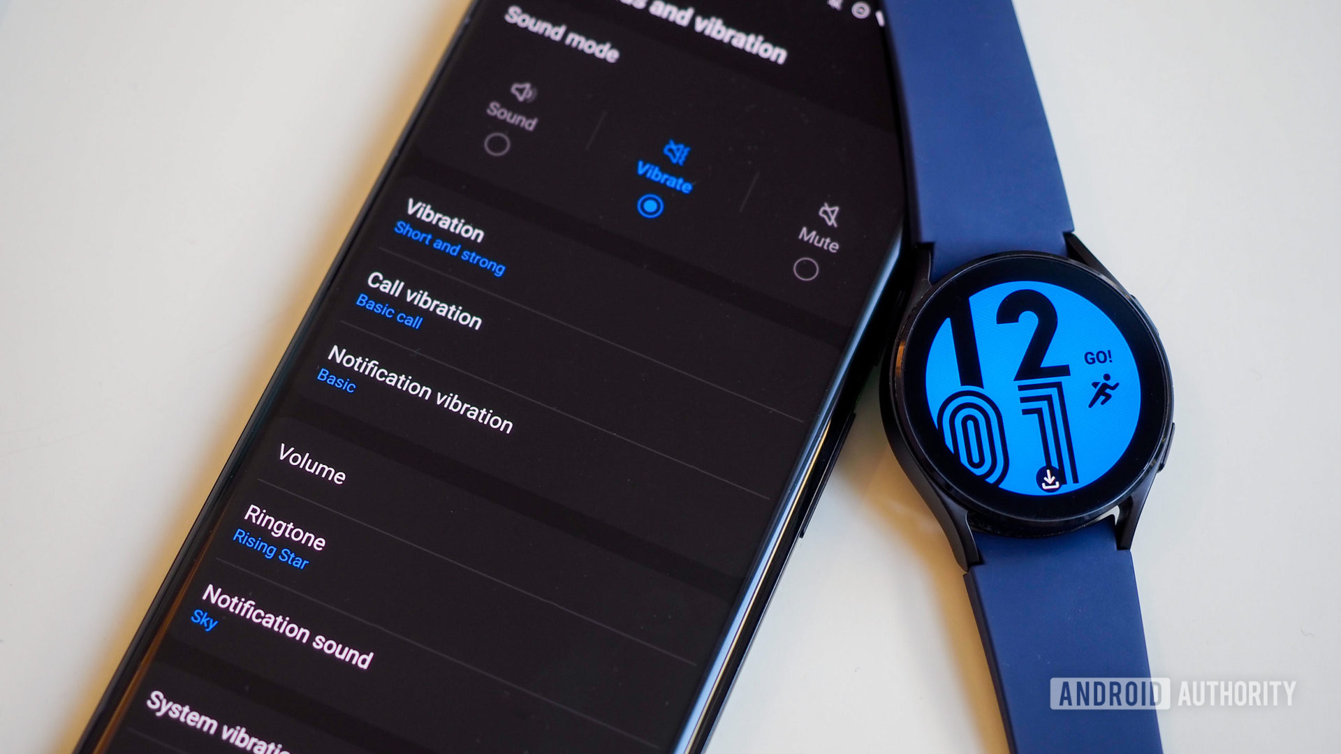 Galaxy Watch 4 and Galaxy Wearable app on a Pixel 6 Pro showing sound and notification management