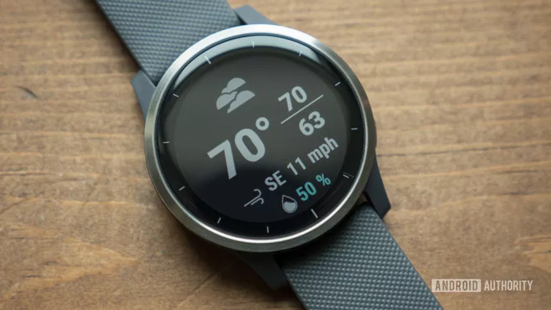 A Garmin vivoactive 4 rests face up displaying weather specs.