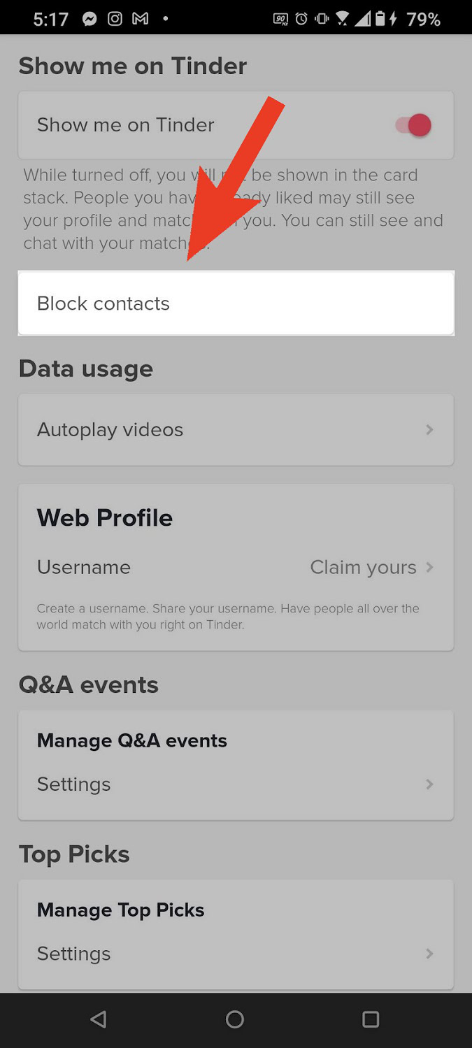 go to Block contacts in tinder