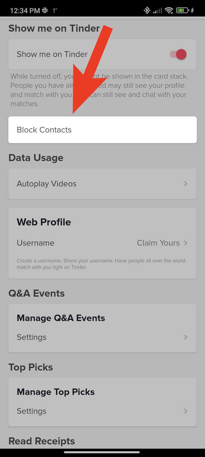 go to block contacts tinder app