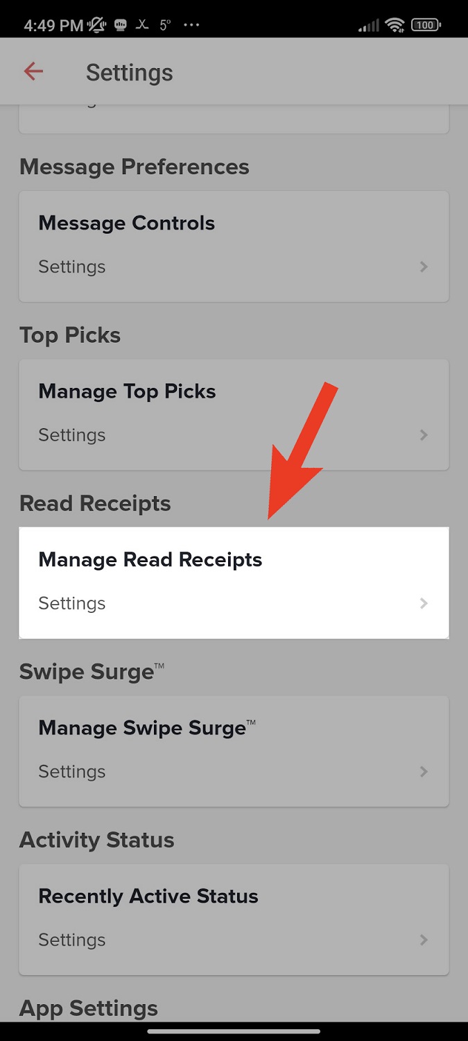 go to manage read receipts in settings in the tinder dating app