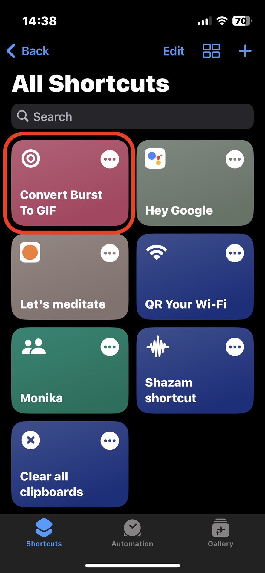 iPhone Shortcuts app main screen