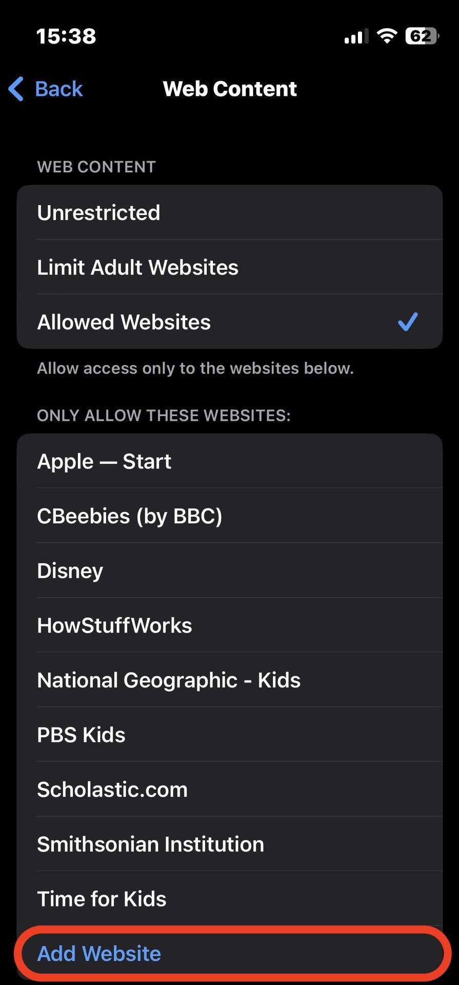 ios cpr add website to web whitelist parental controls