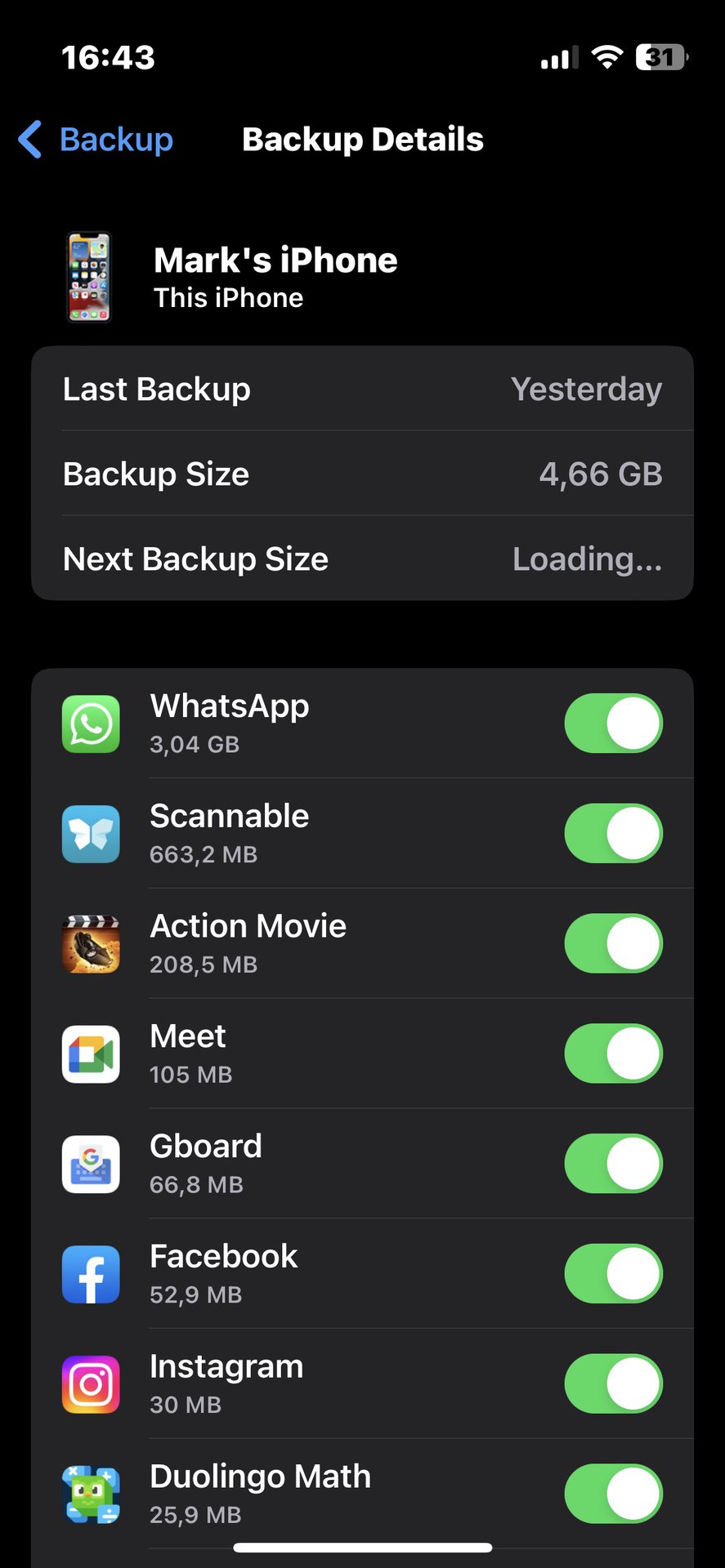 iPhone iCloud backup by selecting apps