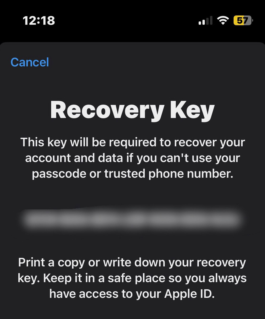 iphone recovery key on screen