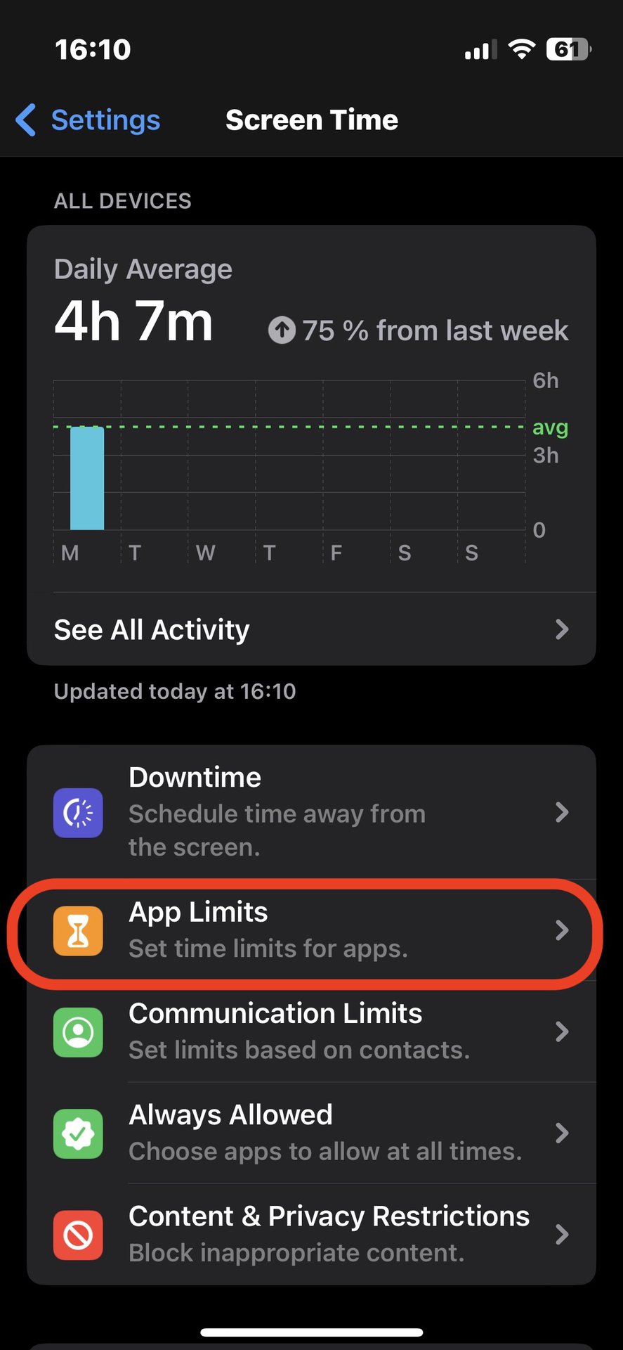 iphone screen time app limits option