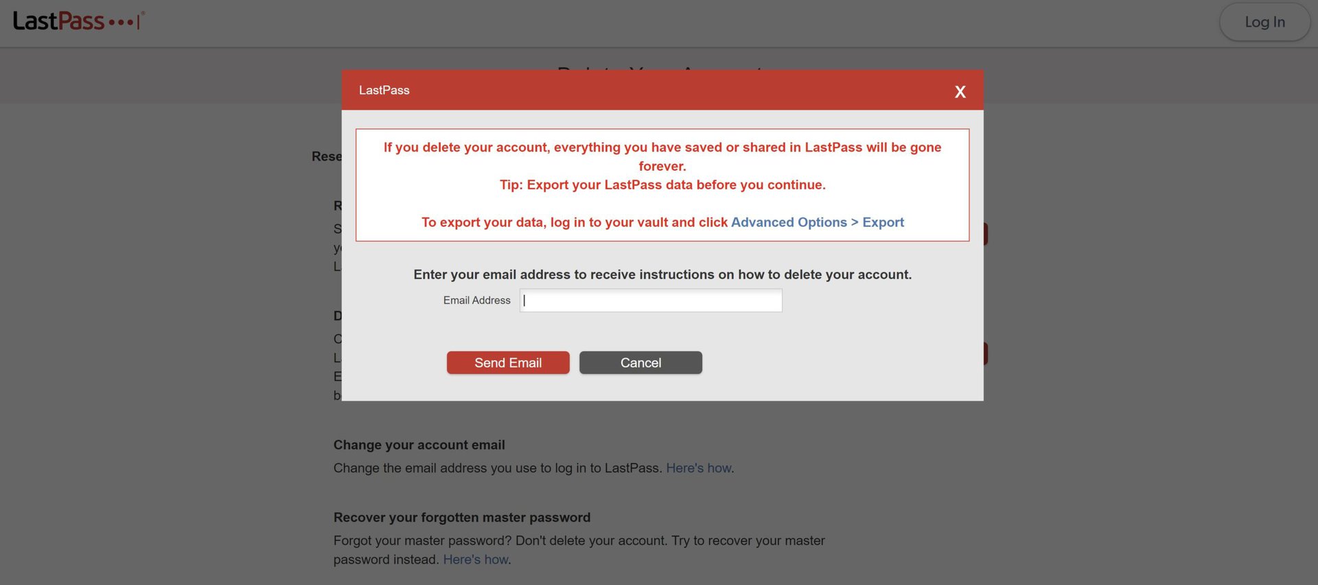 lastpass delete without master password 2