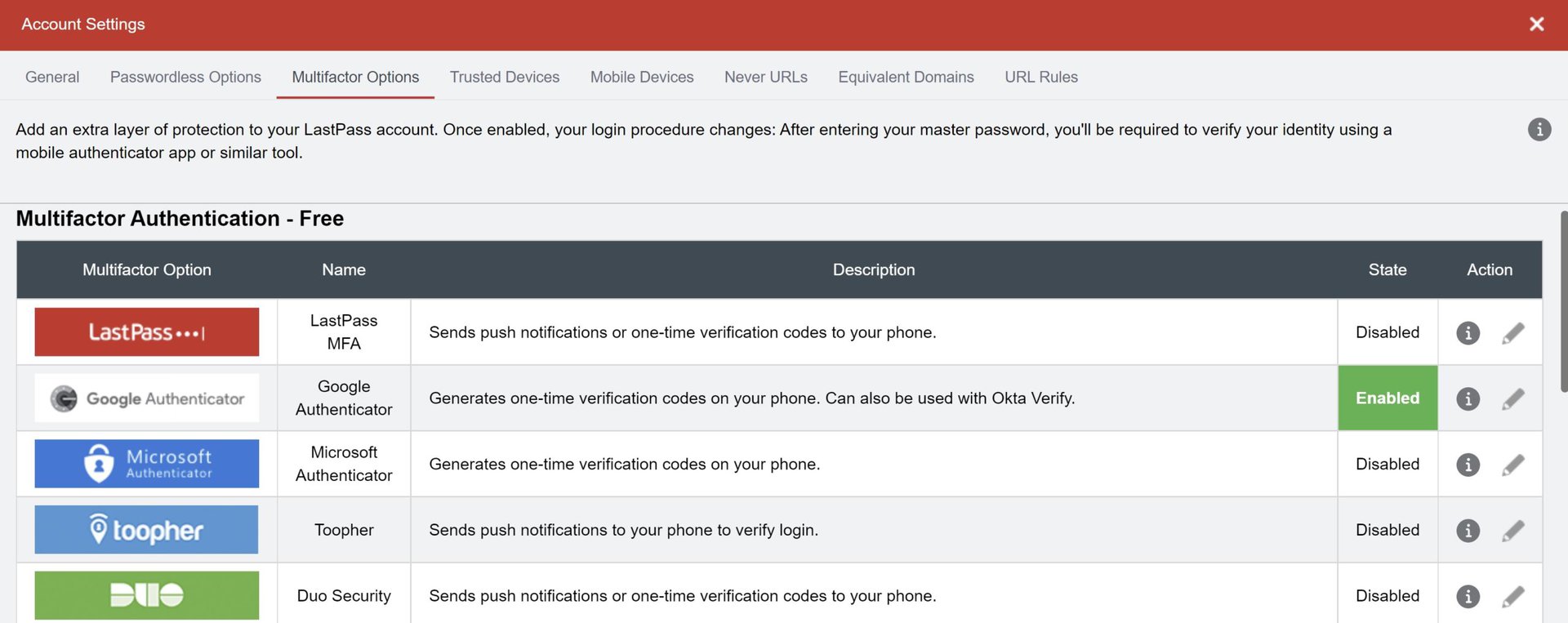 lastpass two factor authentication settings