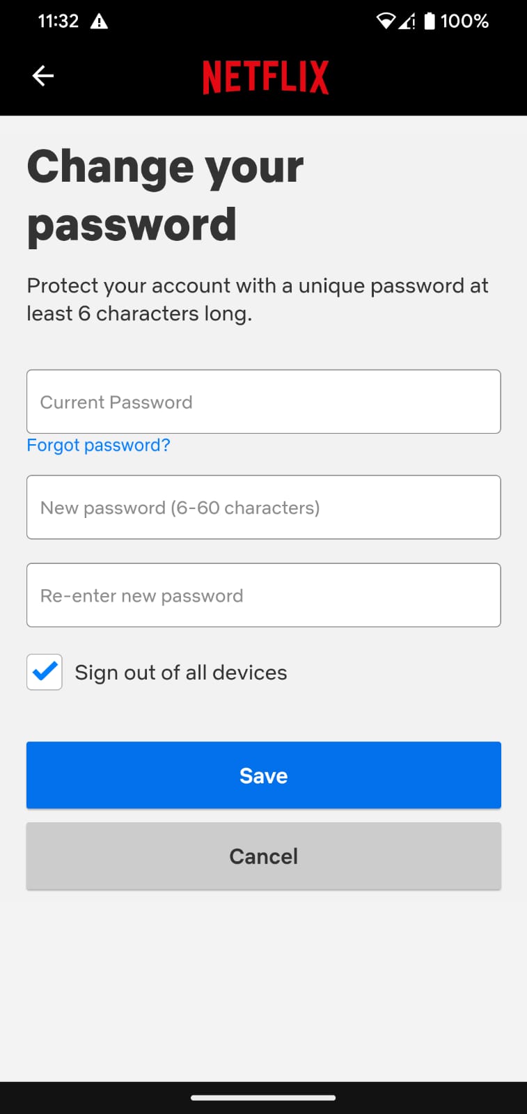 netflix mobile change user password