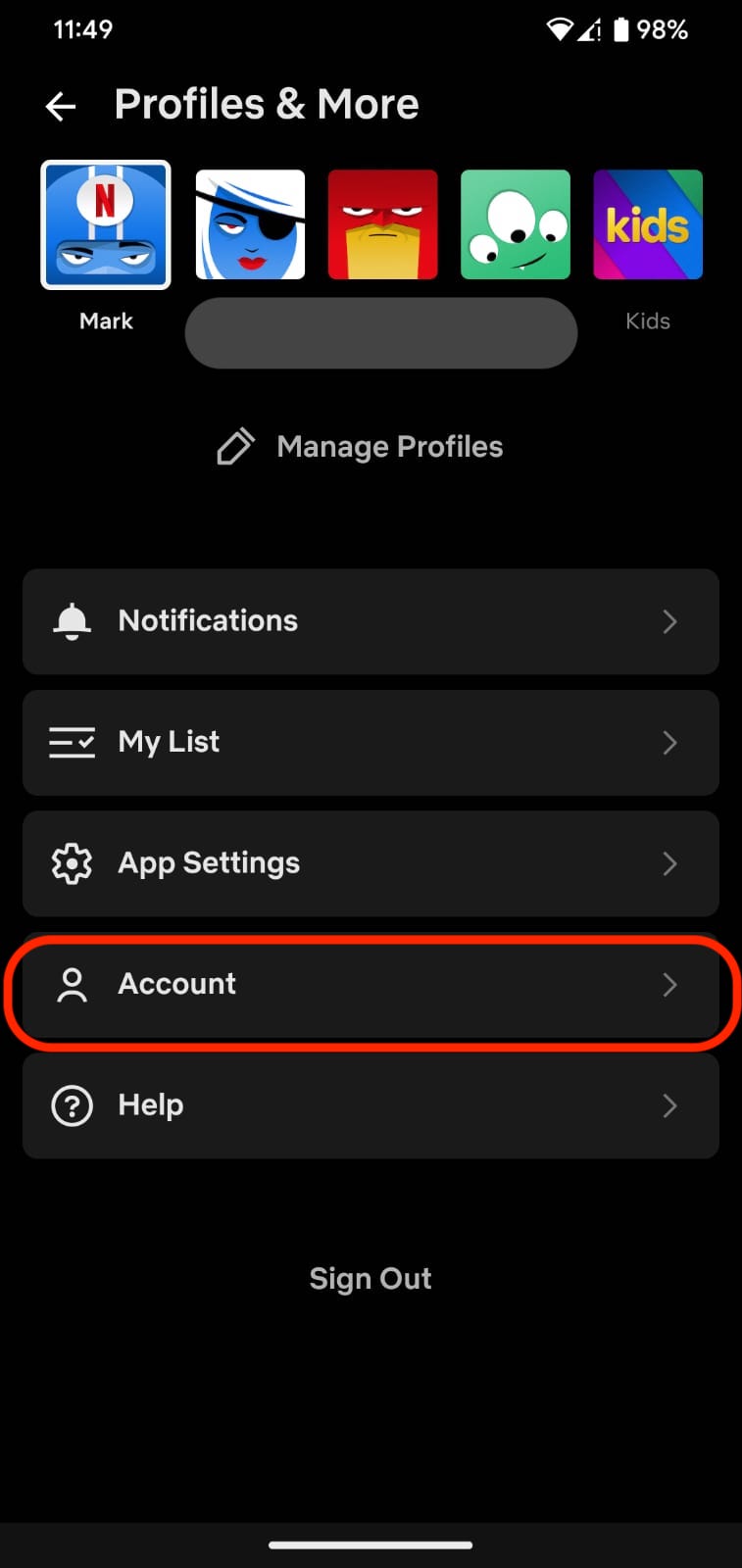 netflix mobile settings user menu
