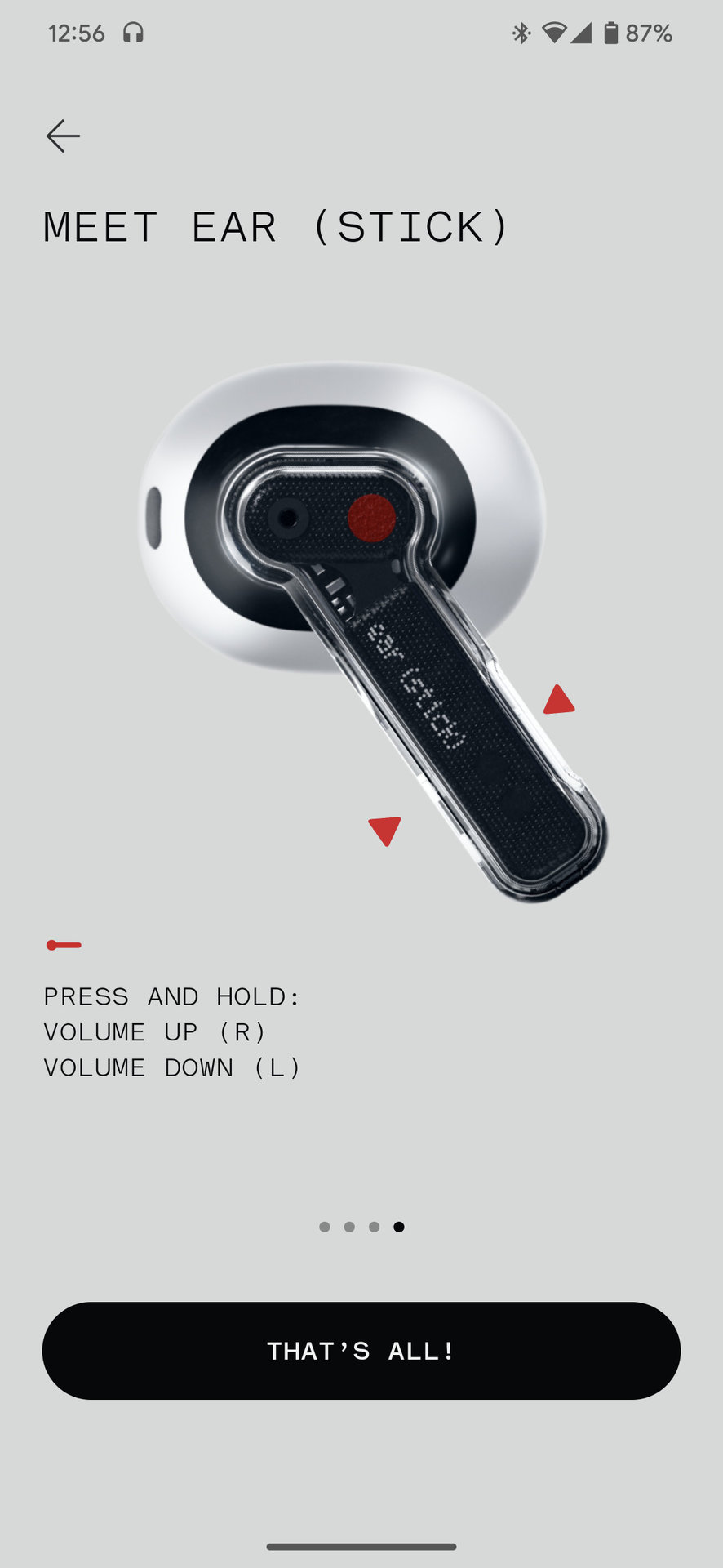 Nothing Ear Stick app screenshot showing default single press and hold controls