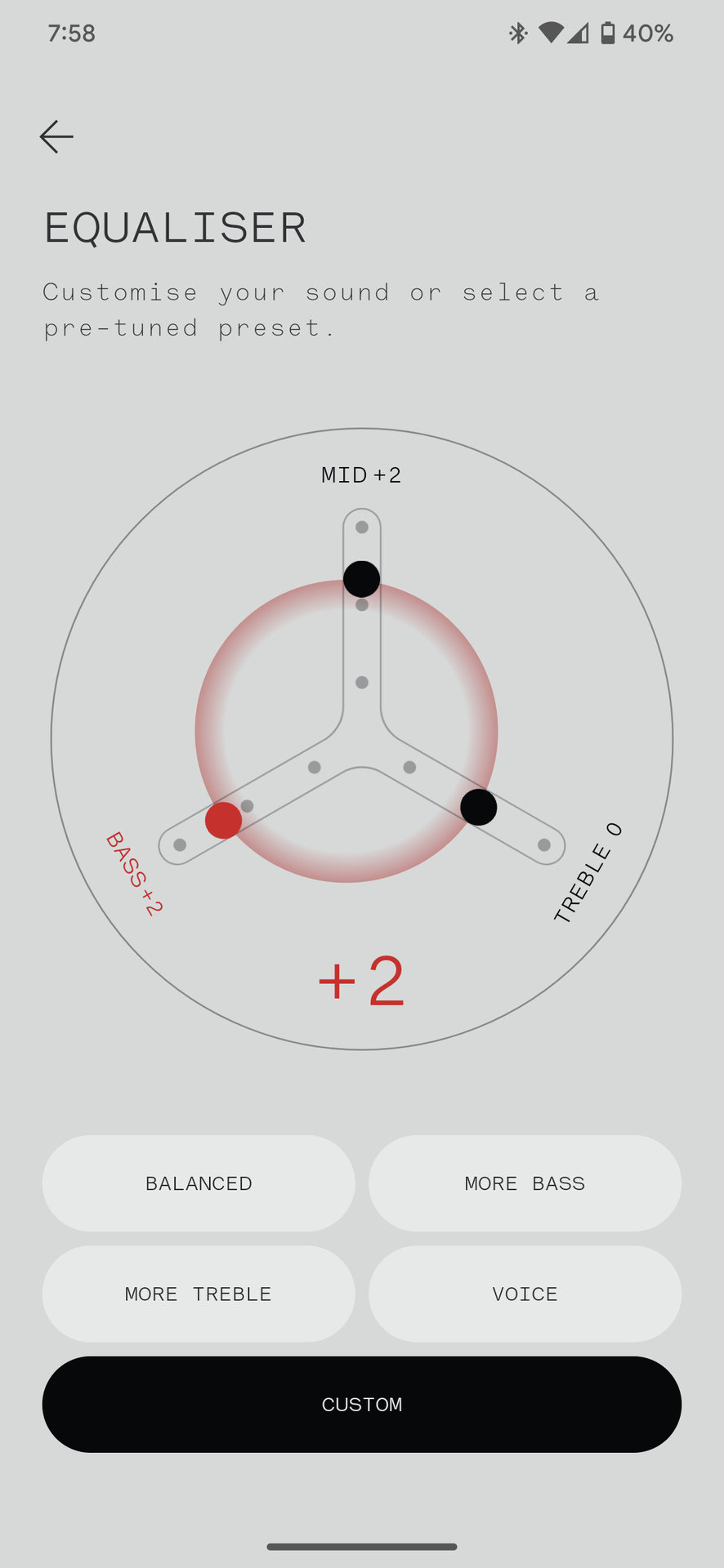 Nothing Ear Stick app screenshot showing custom equalizer
