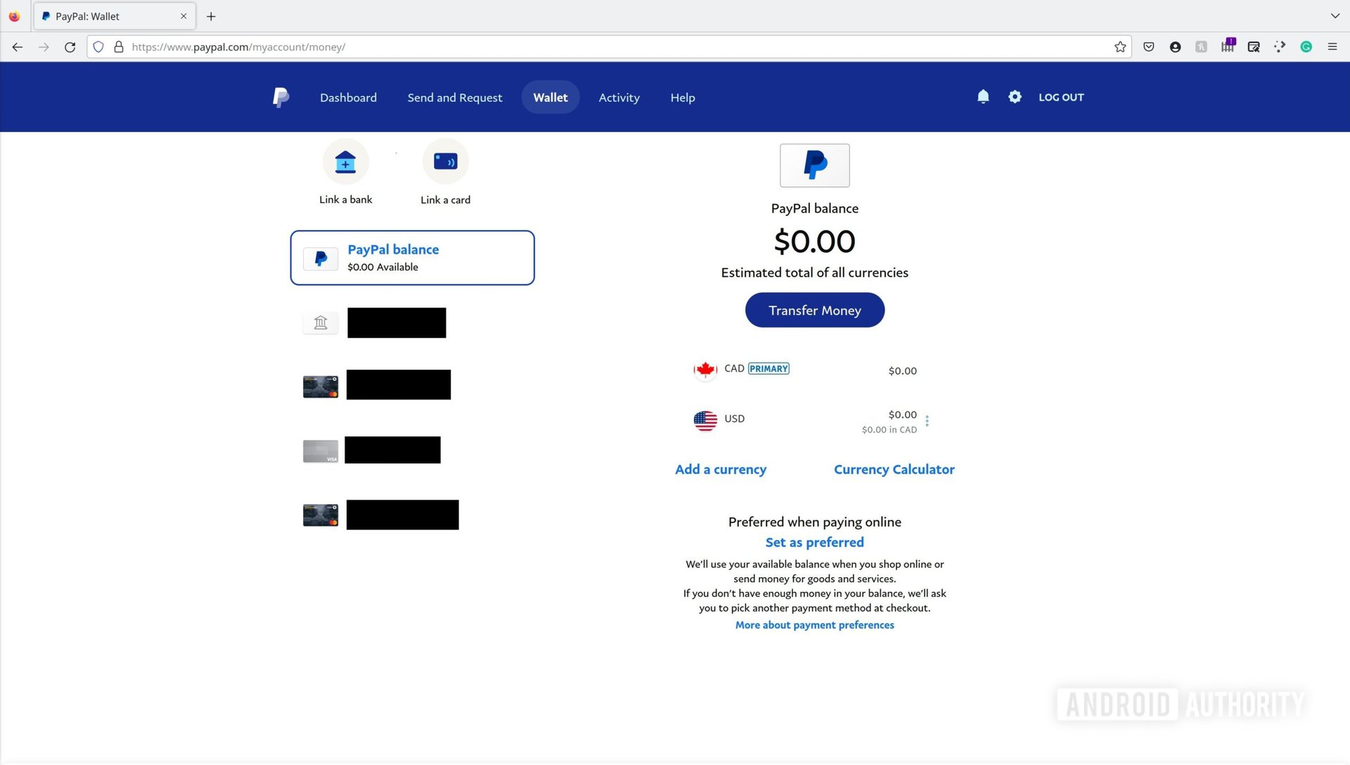 A screenshot of the PayPal wallet page.
