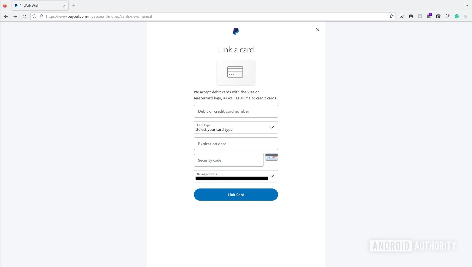 A screenshot of the PayPal add card page.