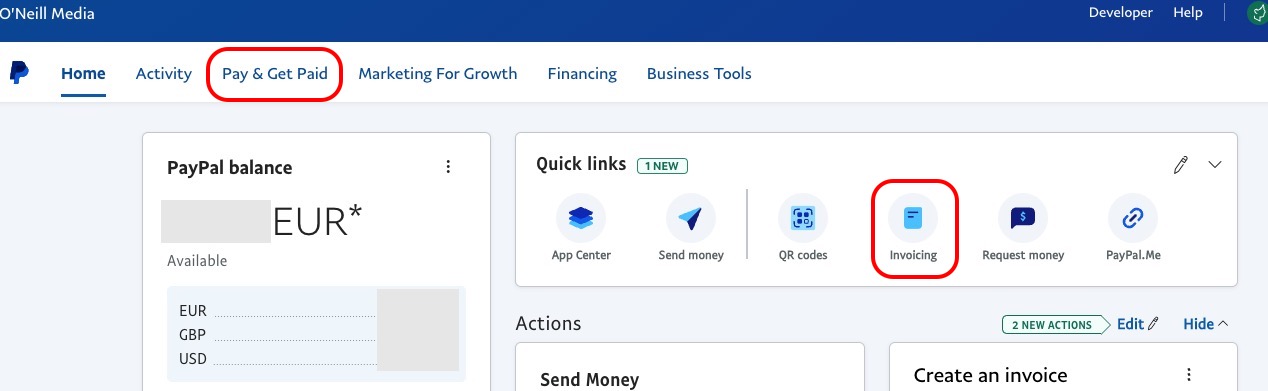 paypal main screen invoicing links