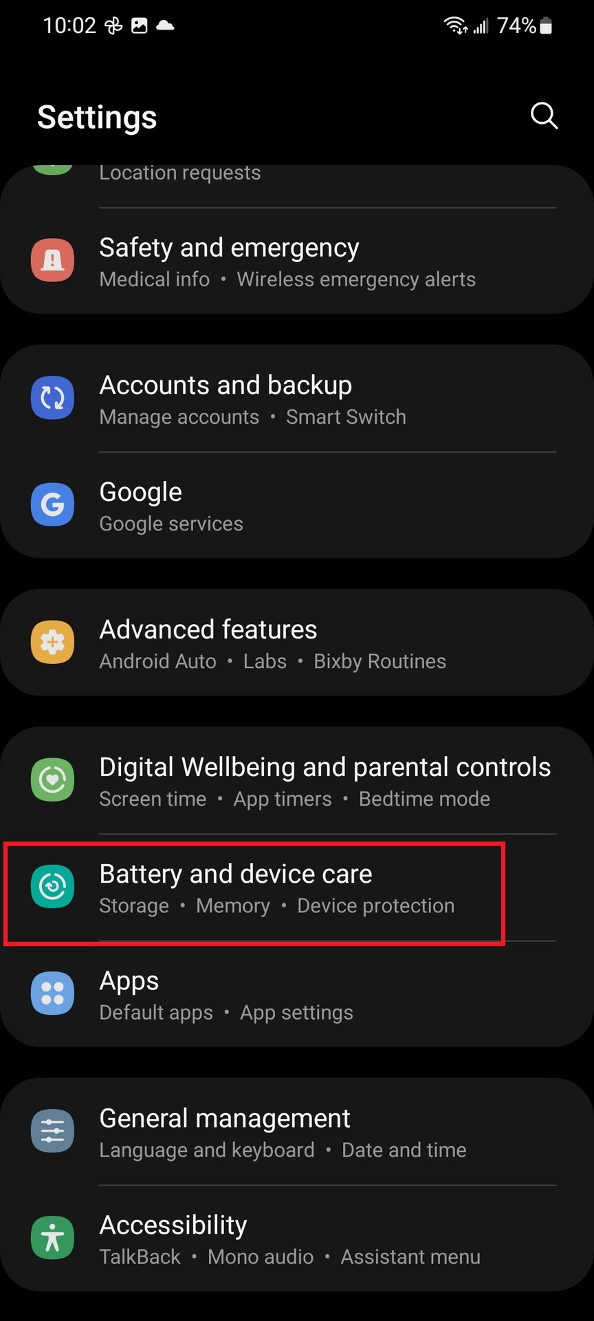 samsung settings battery and device care