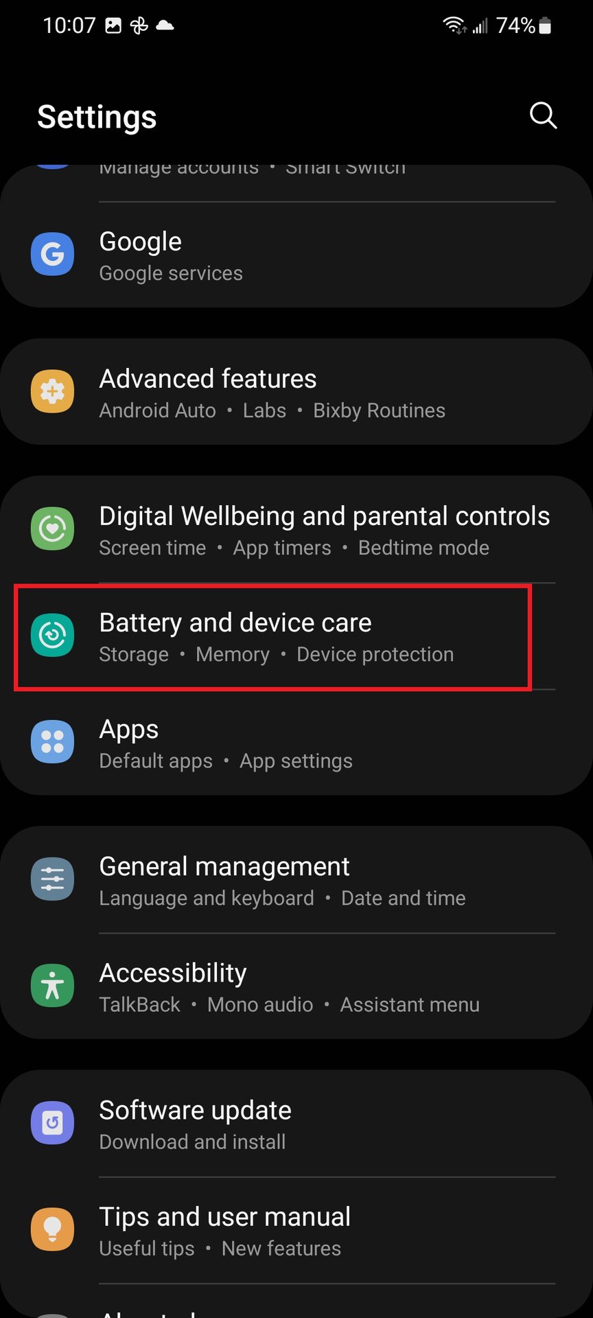 samsung settings battery