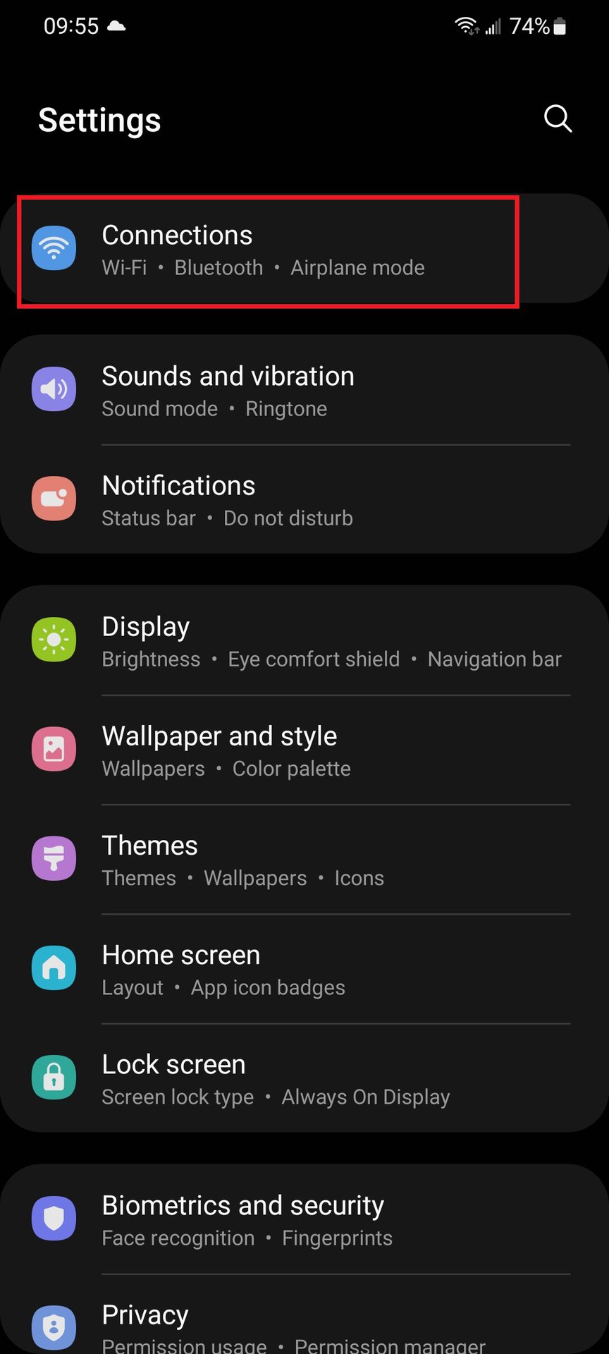 samsung settings menu connections