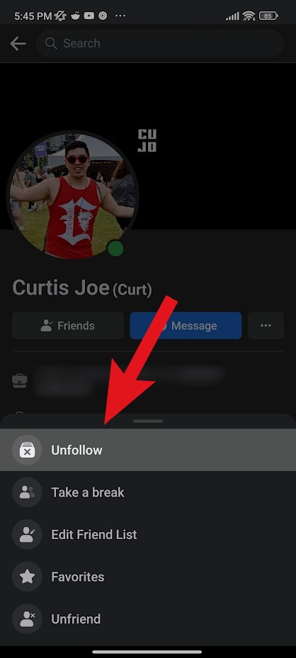 unfollow button in the app