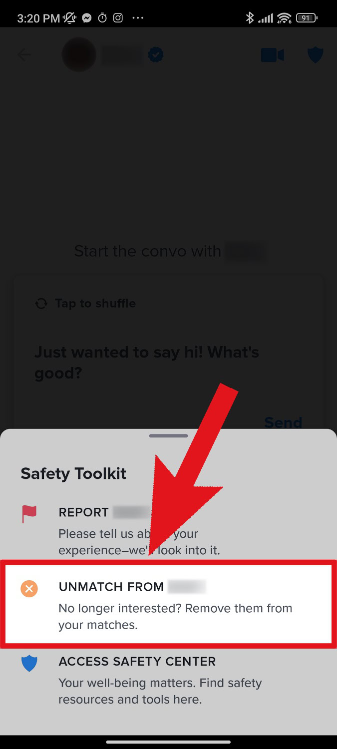 unmatch from that person on Tinder button