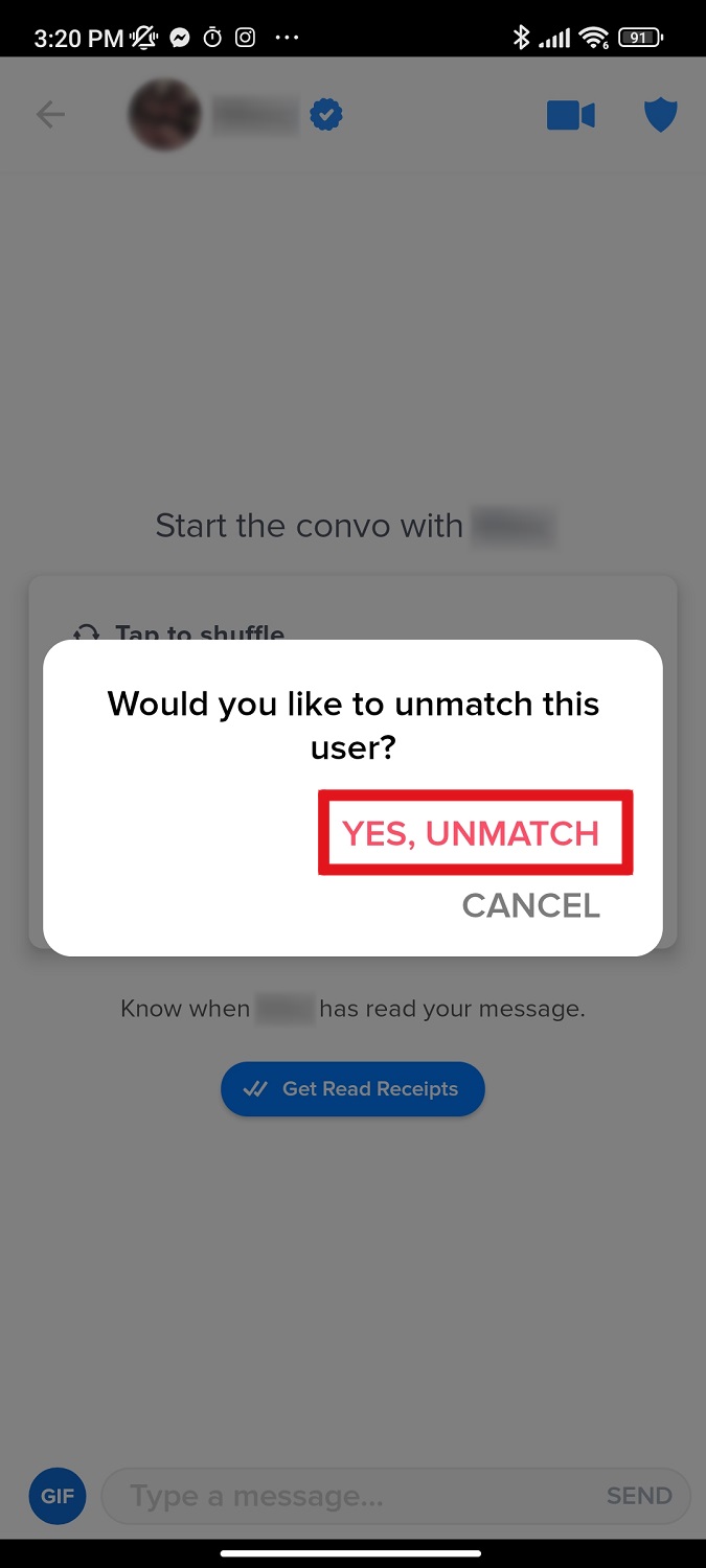 unmatch user confirmation Tinder