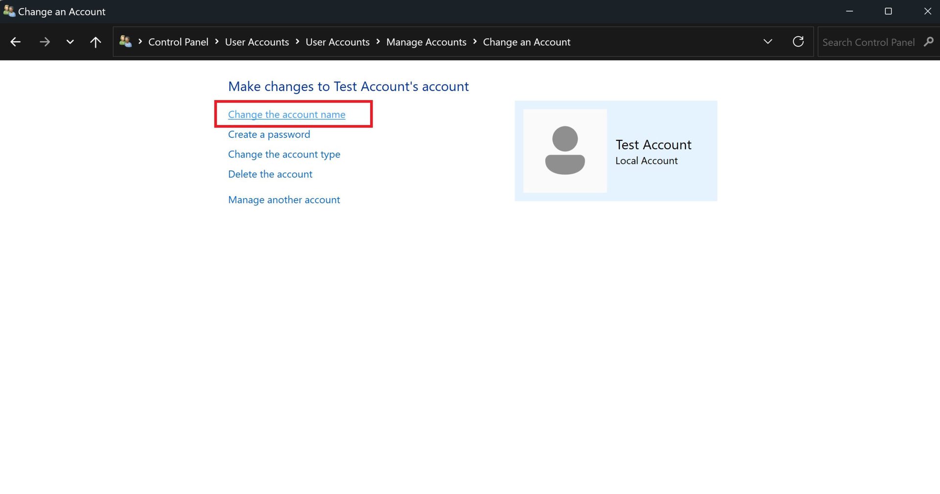 windows 11 control panel change account name