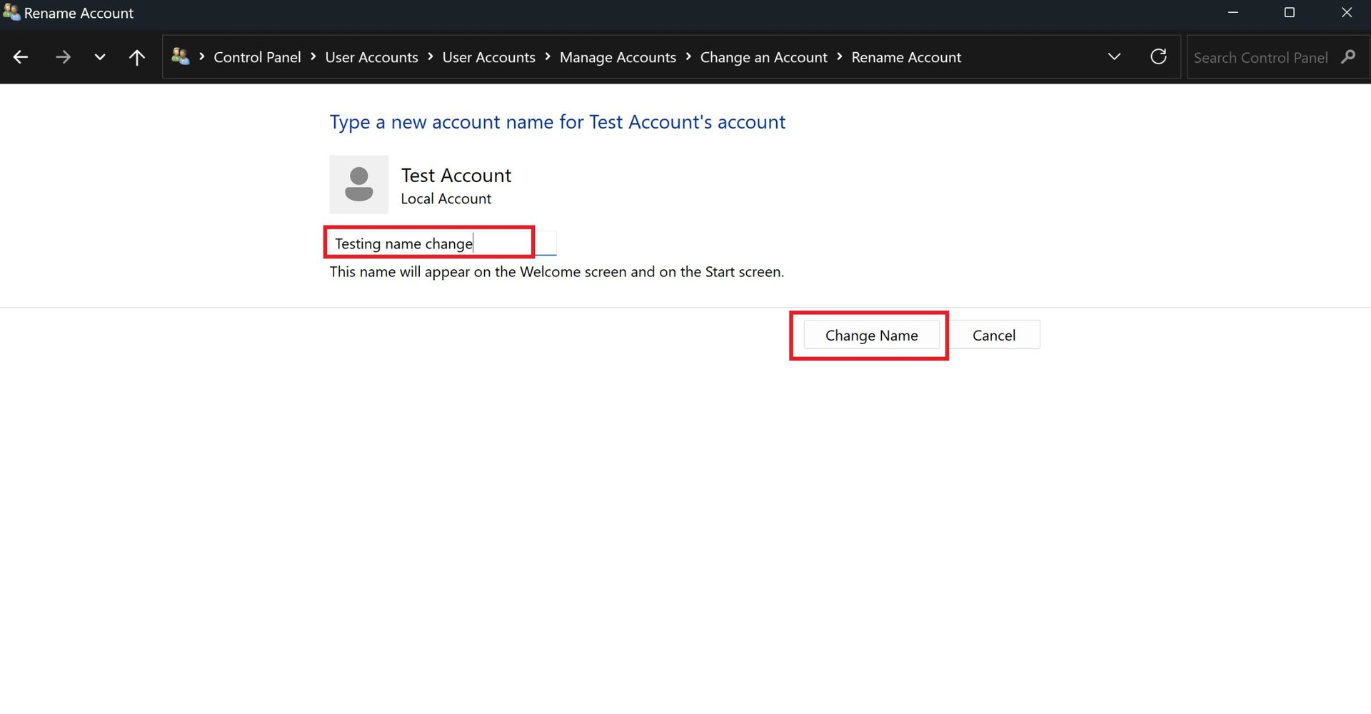 windows 11 control panel type new name and confirm