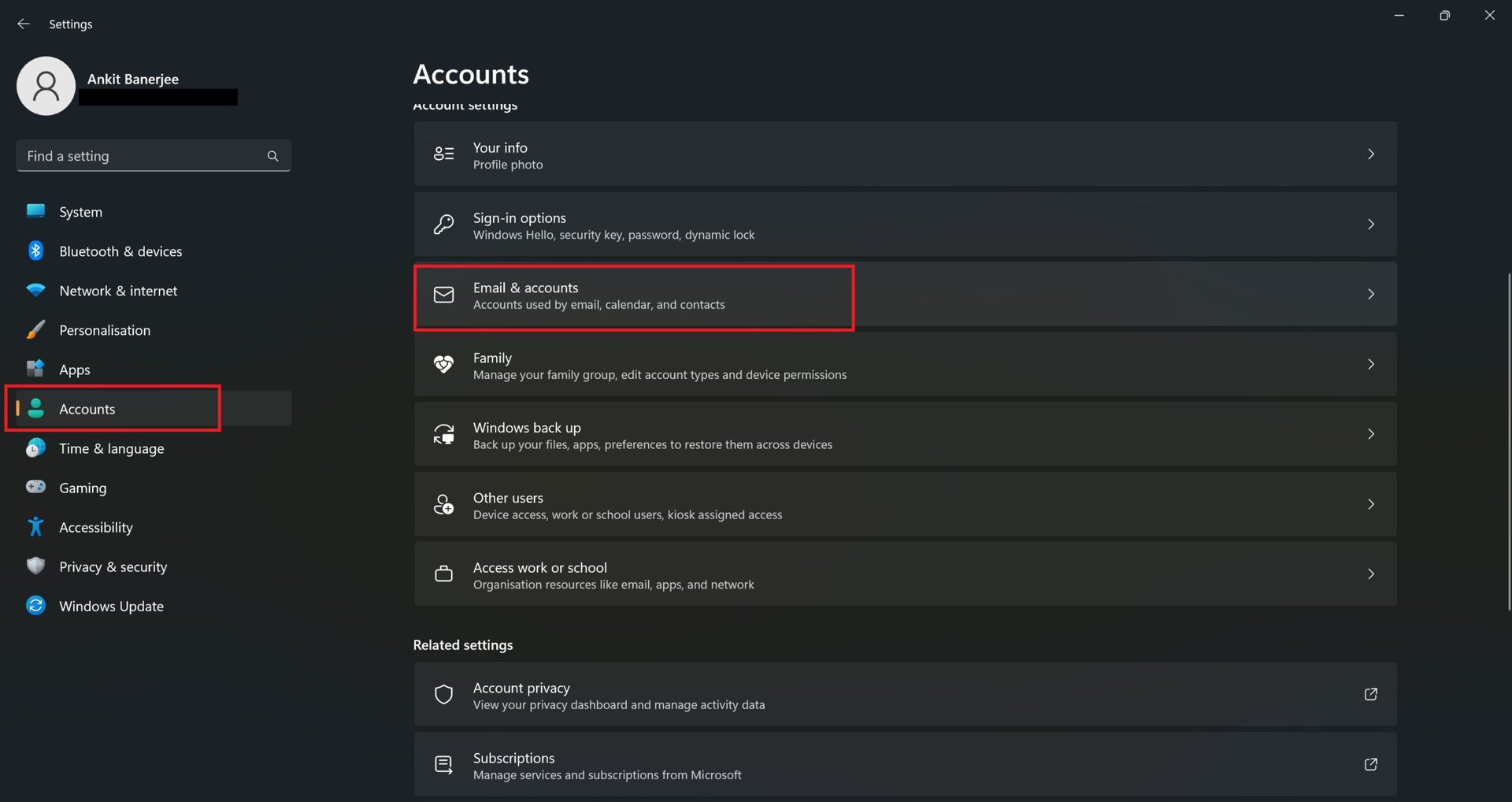 windows 11 settings account options