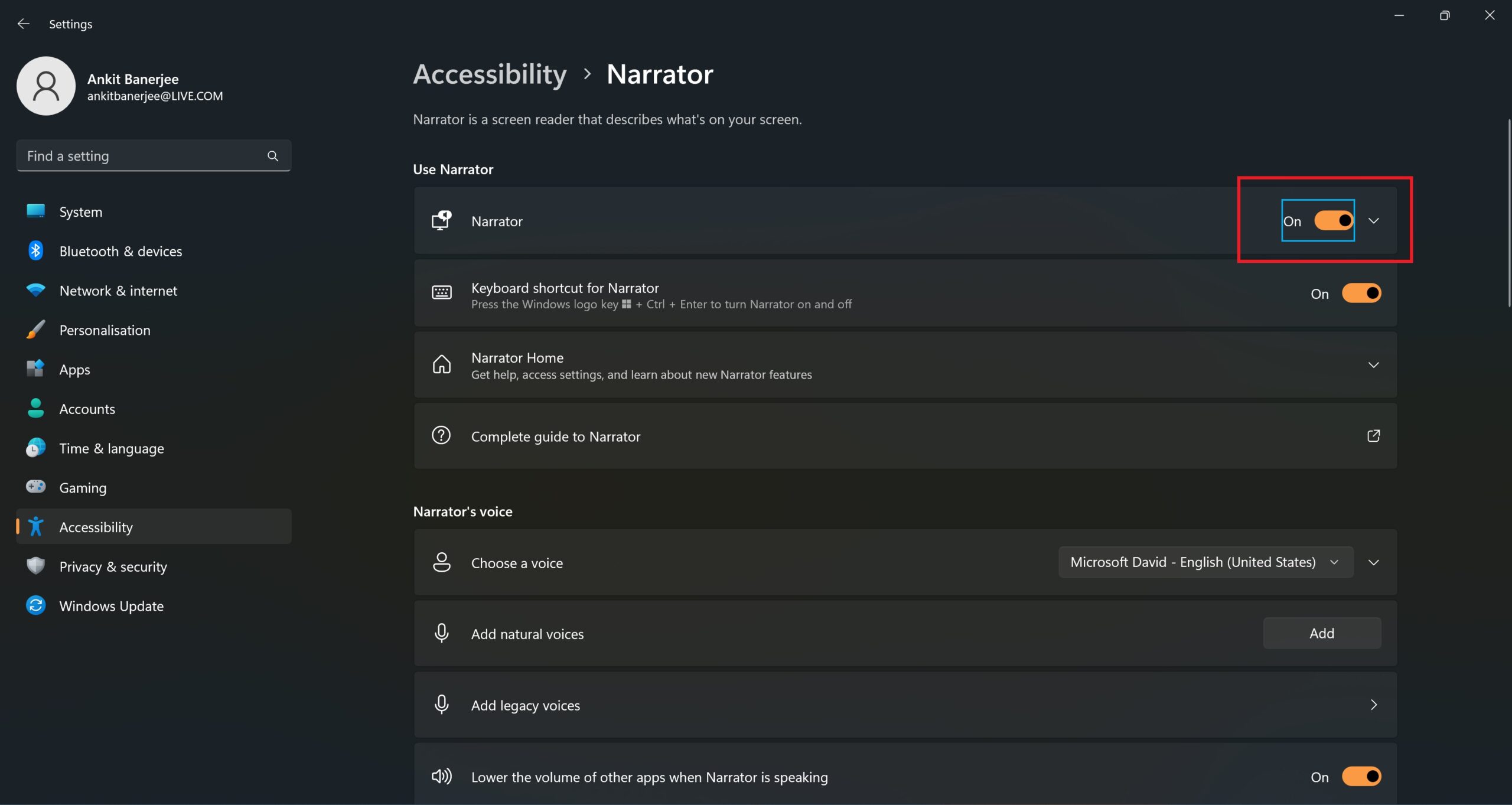 Windows Accessibility Settings enable Narrator