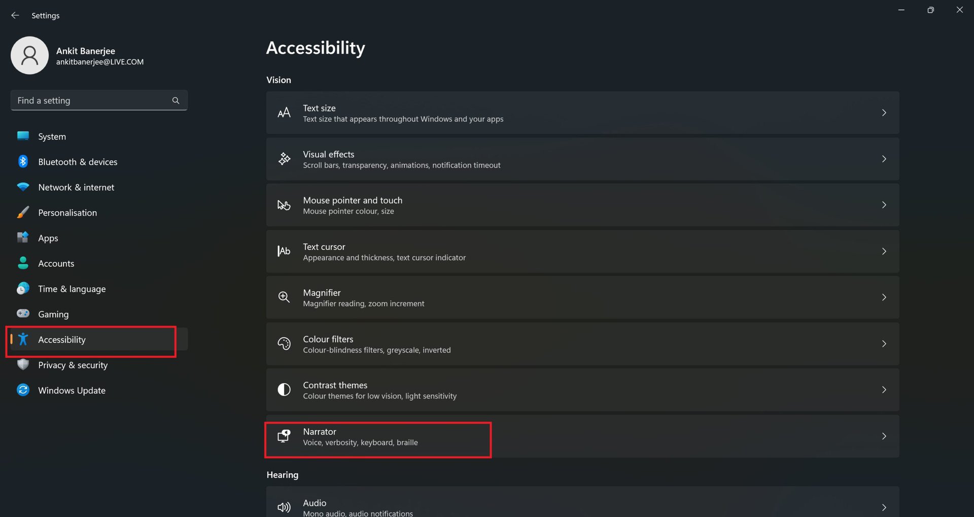 Windows Accessibility Settings