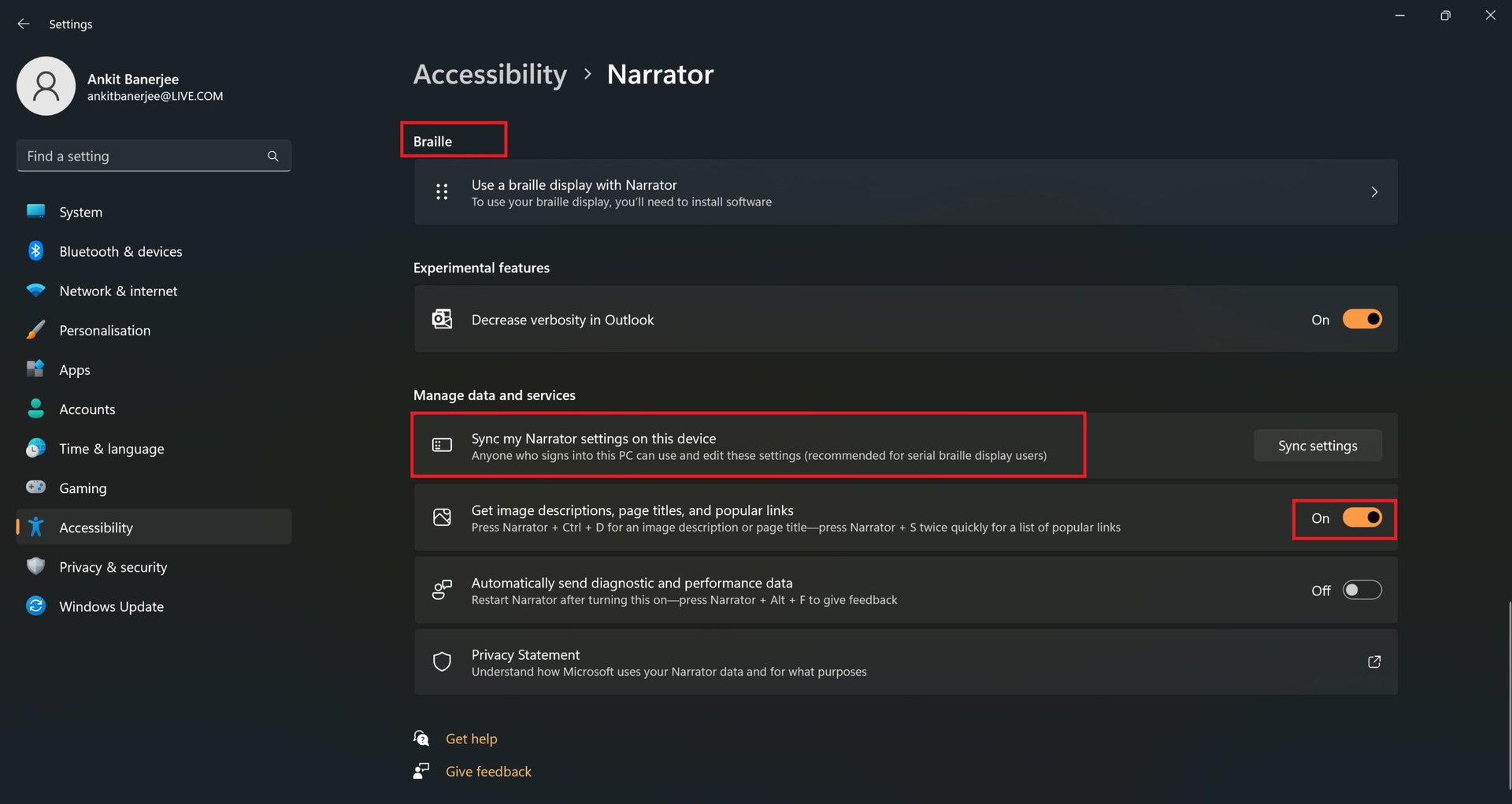 windows narrator other settings