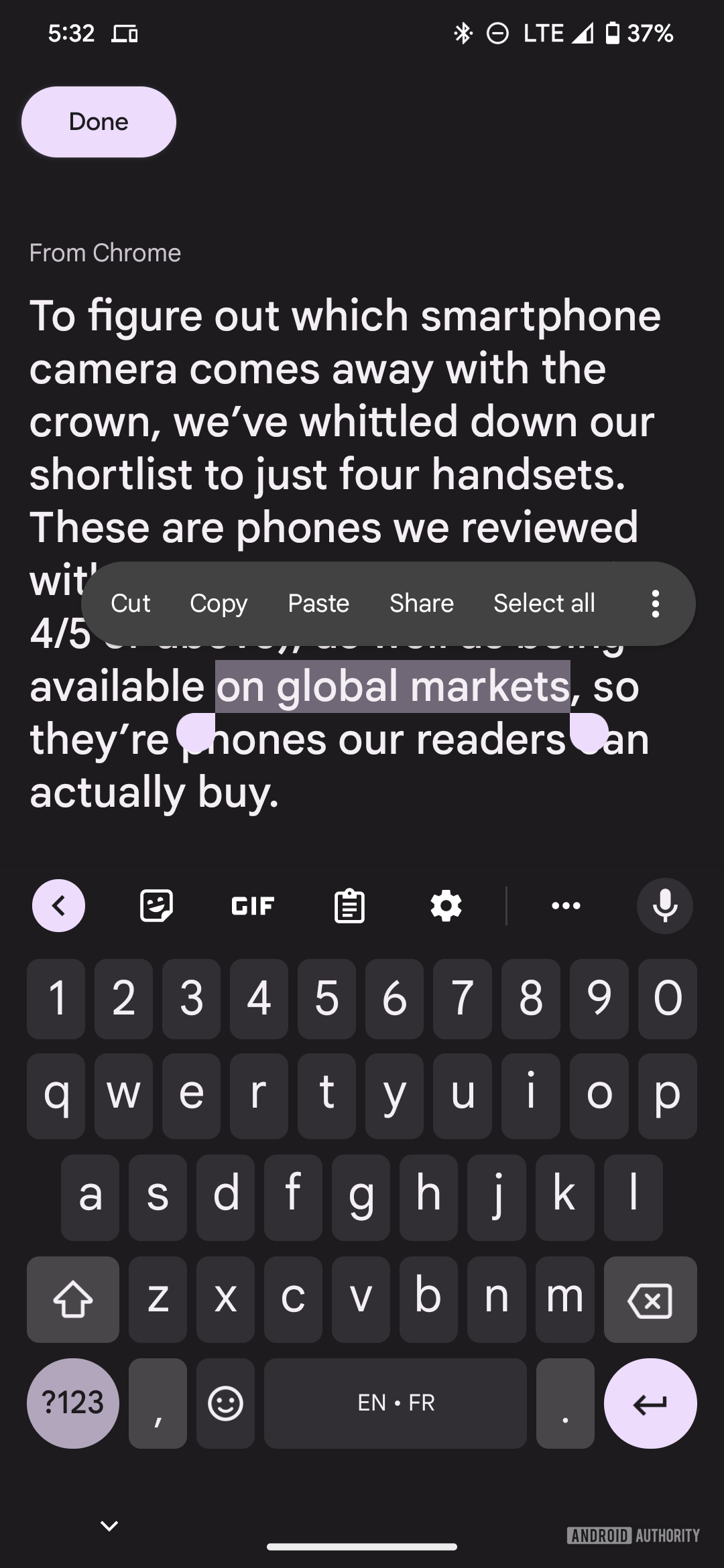 A screenshot of the Android 13 clipboard editor showing some text being edited.
