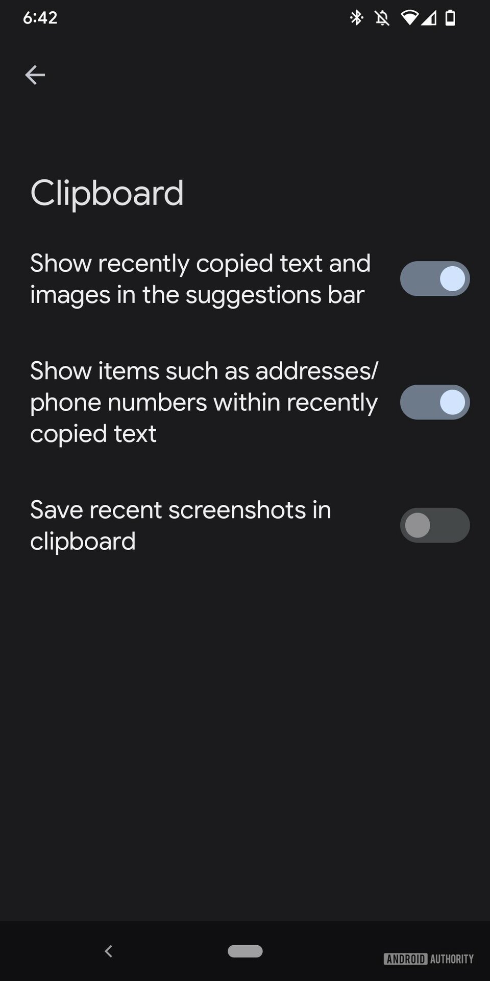 A screenshot of the Android clipboard settings options.
