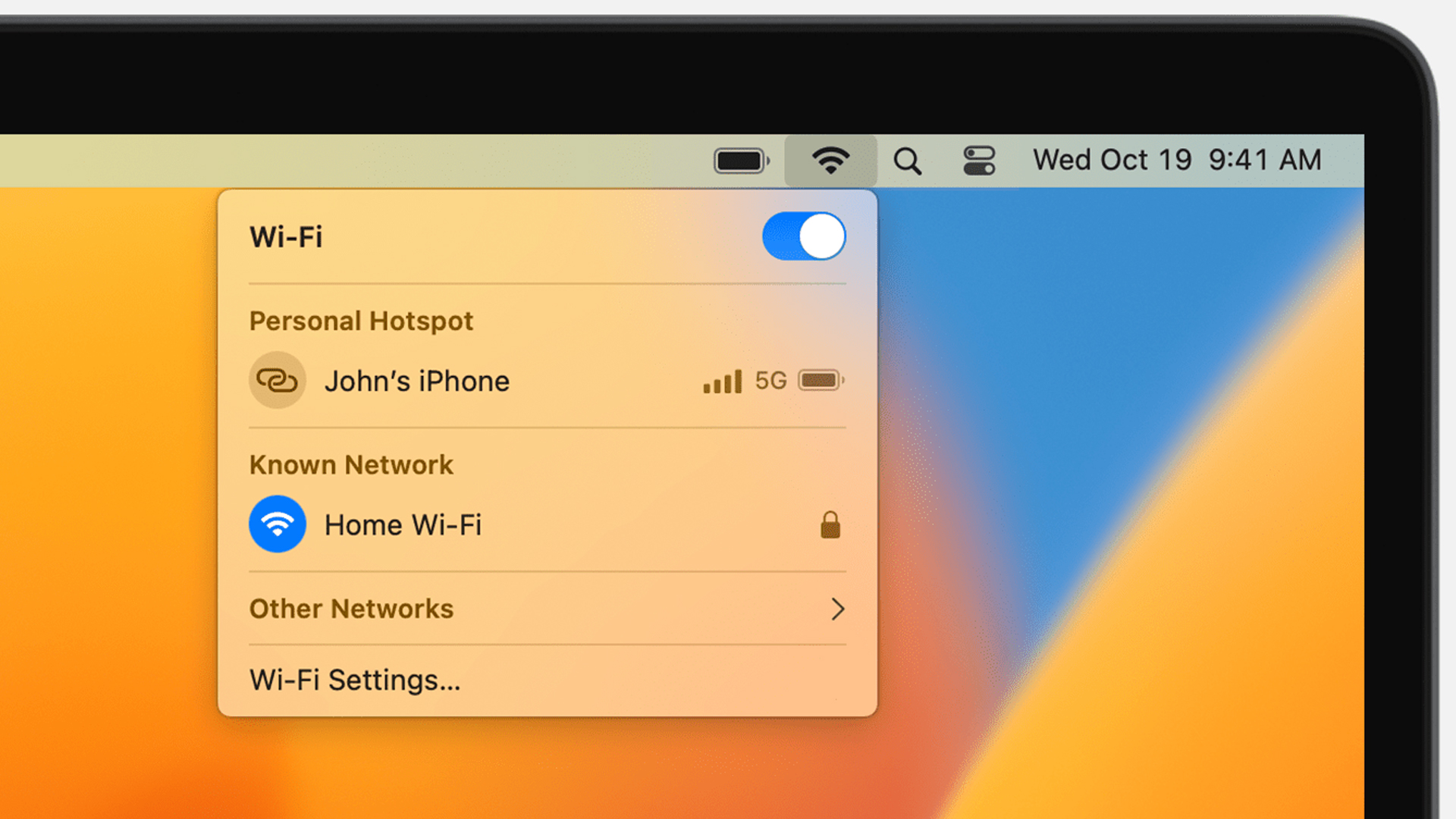 Basic Menu Bar Wi-Fi setttings in macOS Ventura