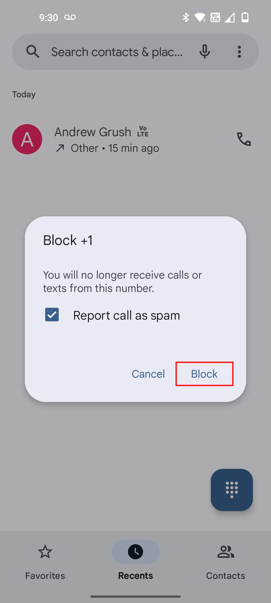 Block a phone number on OnePlus using the Recents section from the Phone app 3