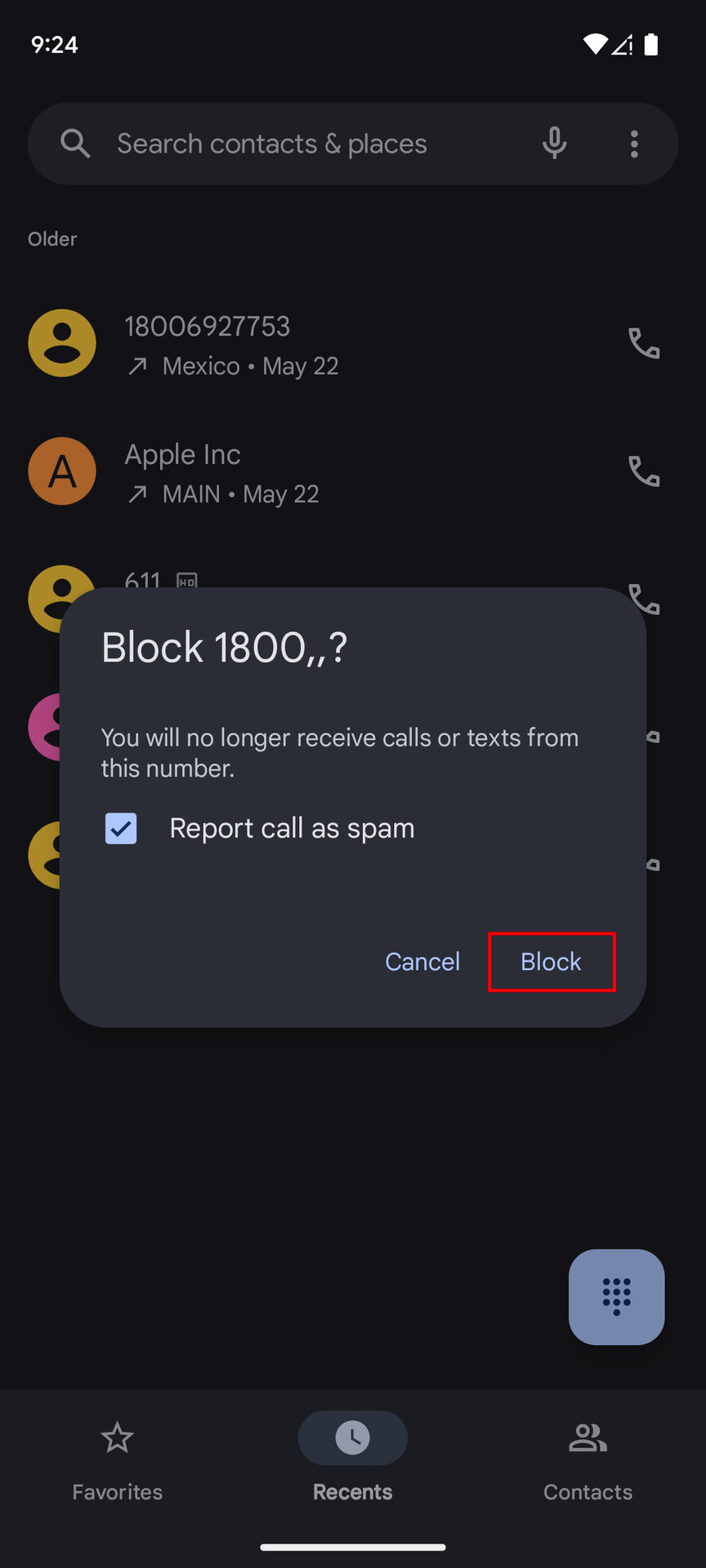 Block contact on Pixel using the Recents section from the Phone app 3