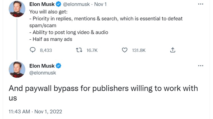 Elon Musk Tweet hinting at future Twitter Blue features
