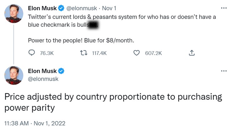 Elon Musk Tweet indicating the cost of Twitter Blue 2