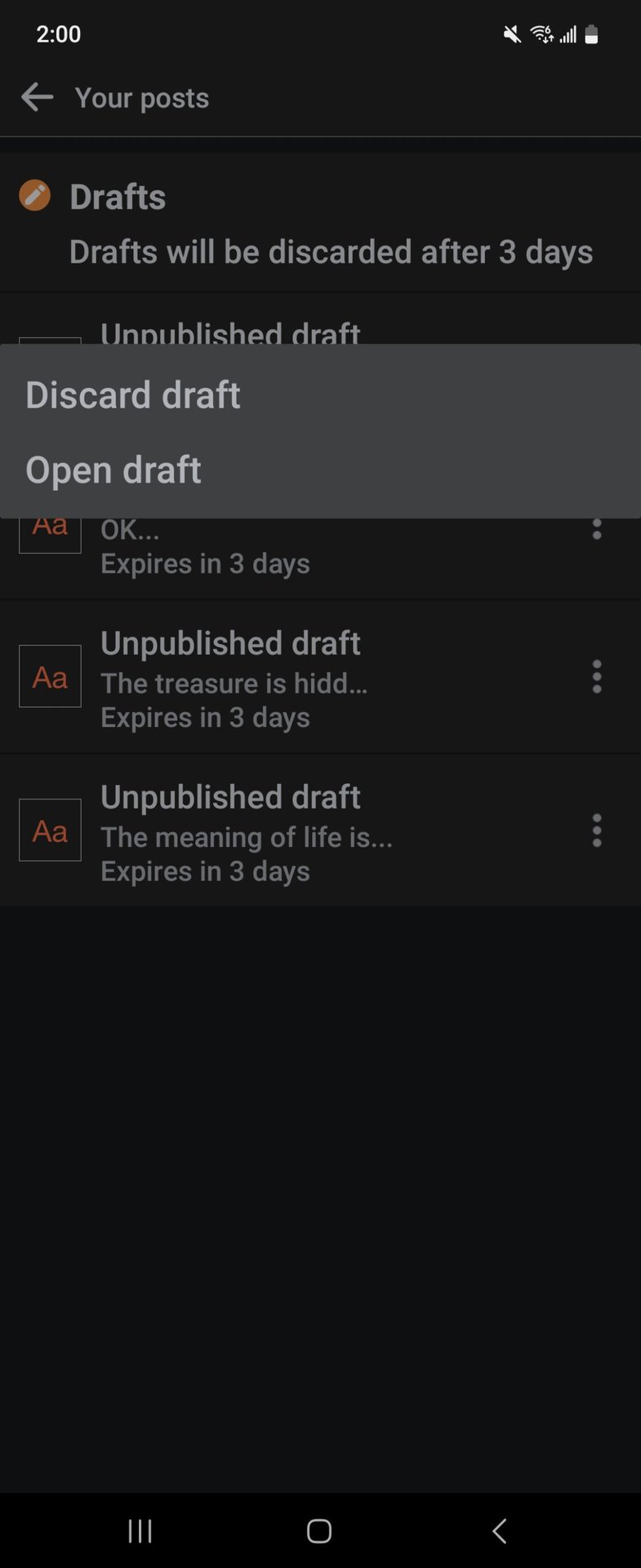 Facebook Drafts Discard Draft Option