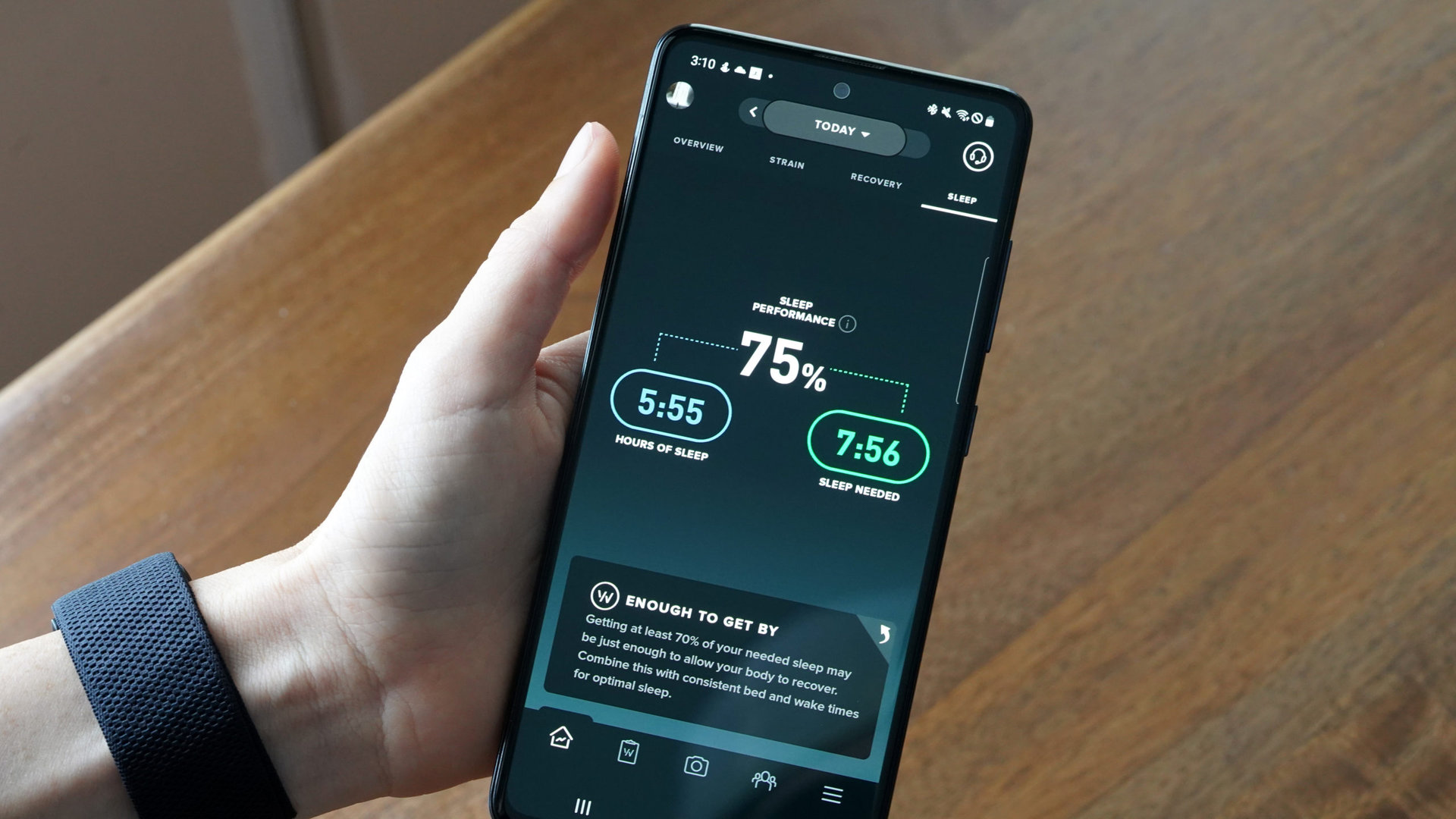 A user reviews their Sleep Performance in the Whoop app on their Galaxy A51.