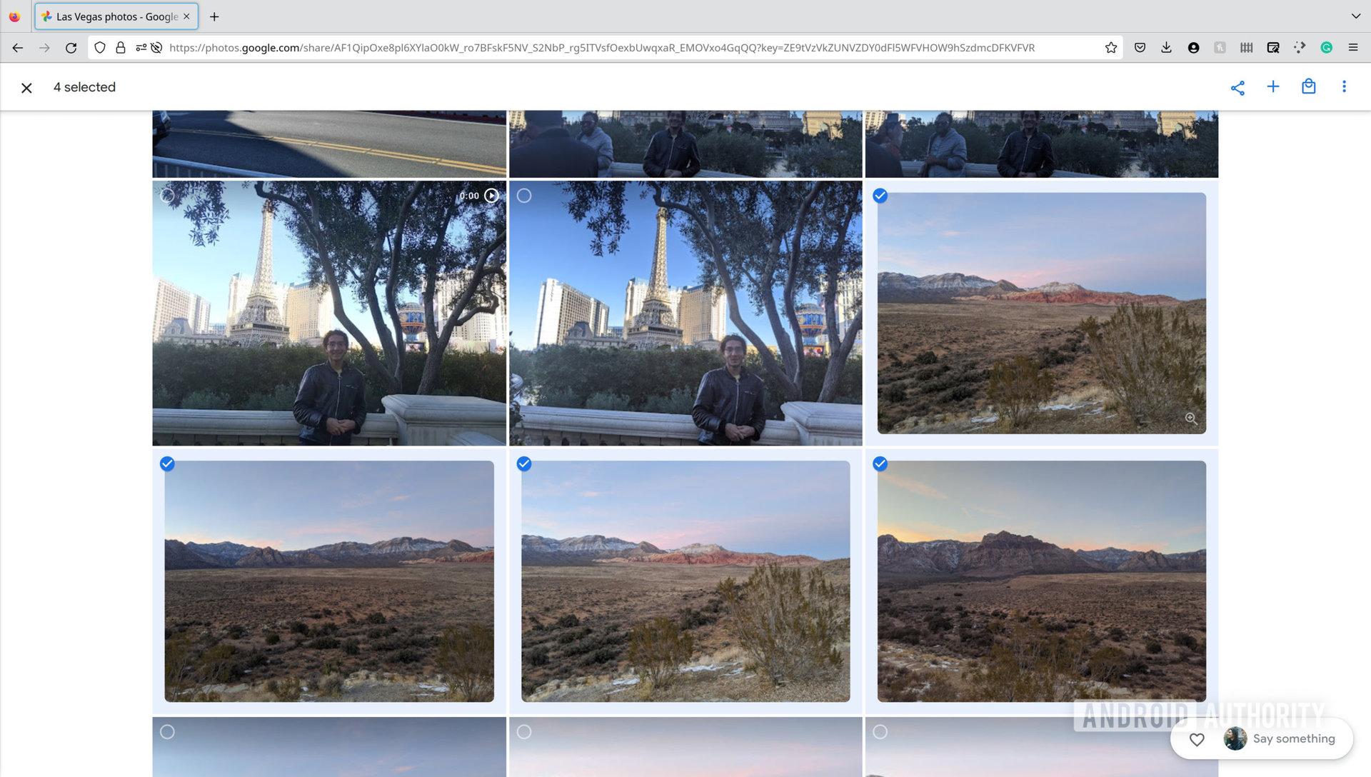 A screenshot of the Google Photos desktop website showing four photos selected.