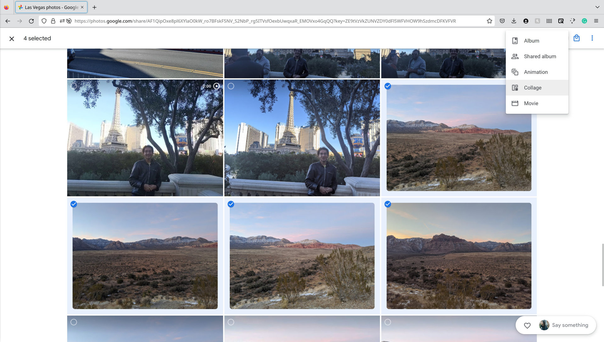 A screenshot of the Google Photos desktop website showing and the "Add to" menu.