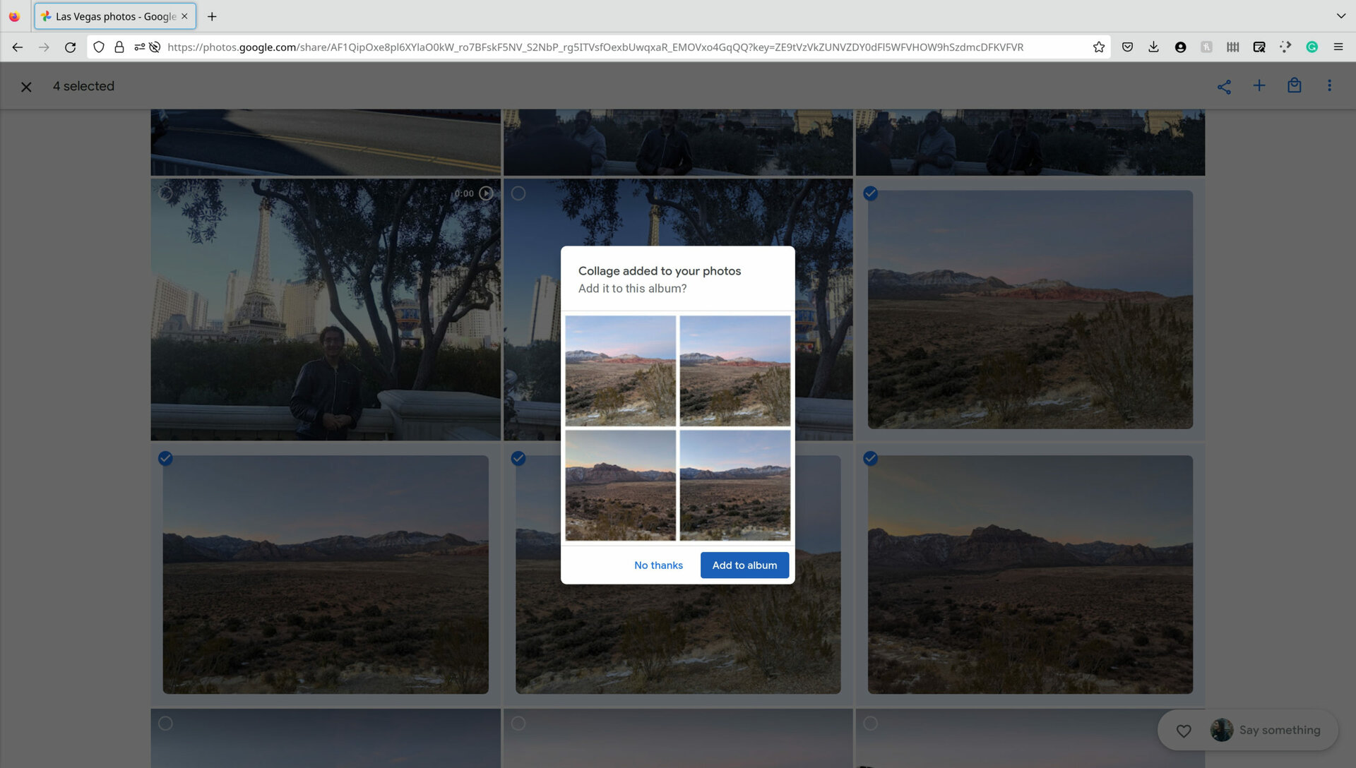 A screenshot of the Google Photos desktop website showing a pop-up window asking if the collage to be created should be added to the exisiting album.