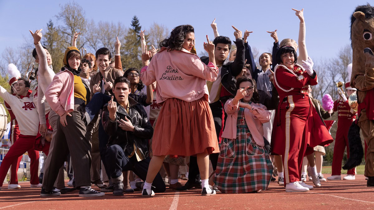 Ari Notartomaso as Cynthia Zdunowski, Alexis Sides as Potato, Maximo Salas as Shy Guy, Cheyenne Wells as Olivia Valdovinos, Johnathan Nieves as Richie Valdovinos and Marisa Davila as Jane Facciano in Greass Rise of the Pink Ladies - exclusive Paramount Plus shows