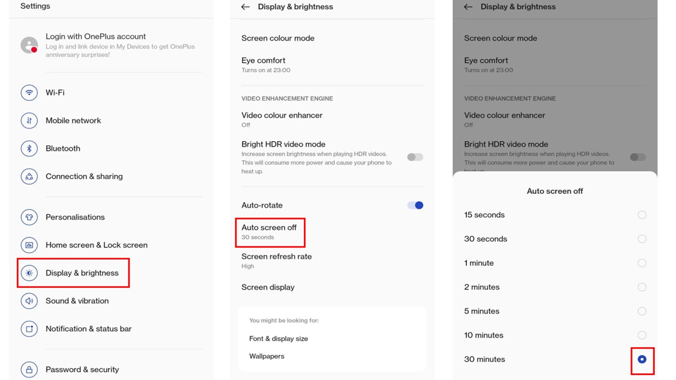How to adjust automatic screen off setting on OnePlus 8
