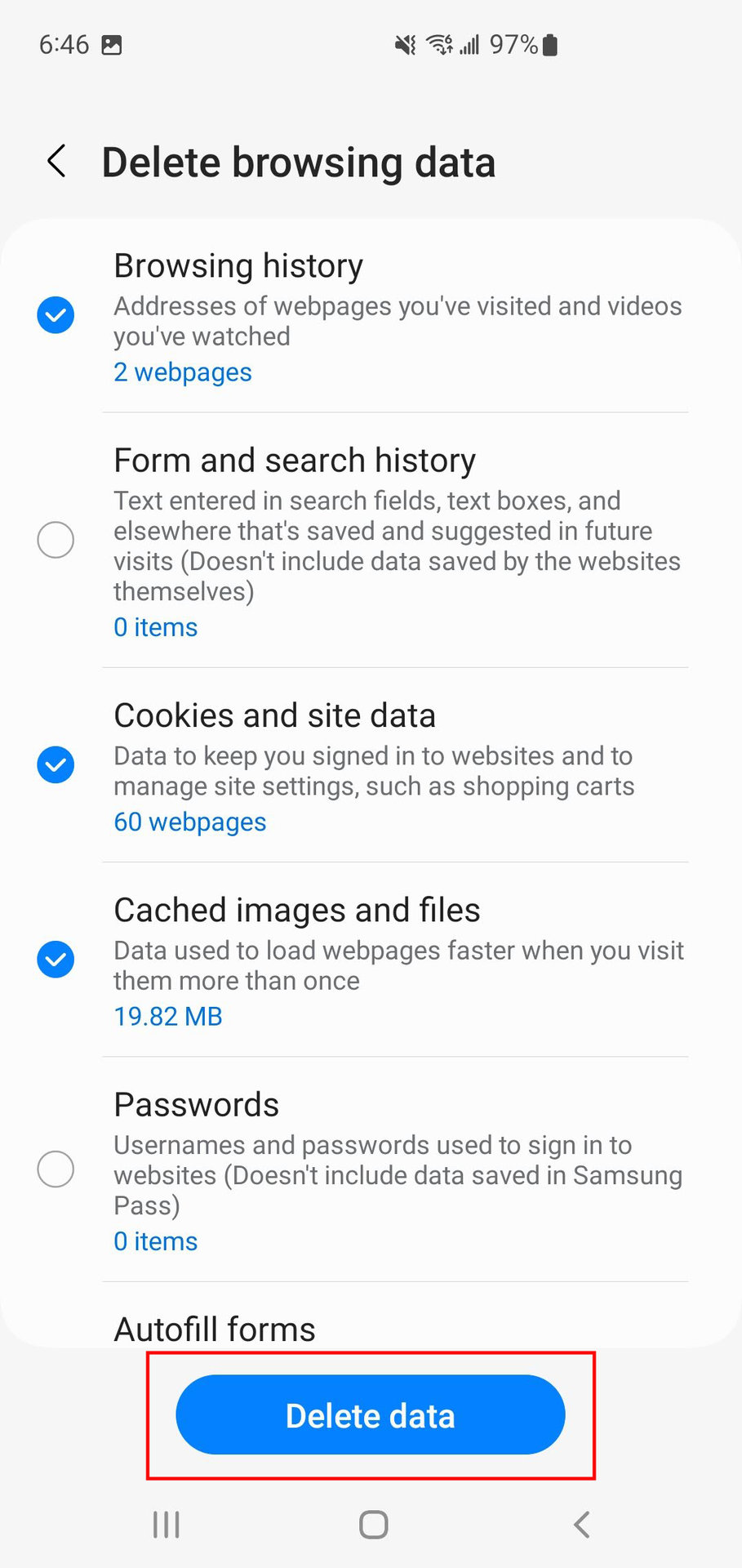 How to delete browsing history cookies and cache in the Samsung Internet app 5