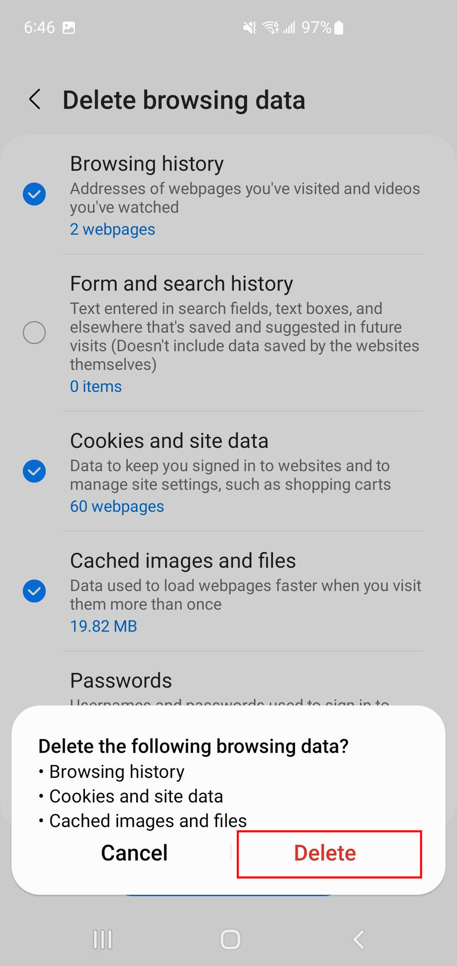 How to delete browsing history cookies and cache in the Samsung Internet app 6