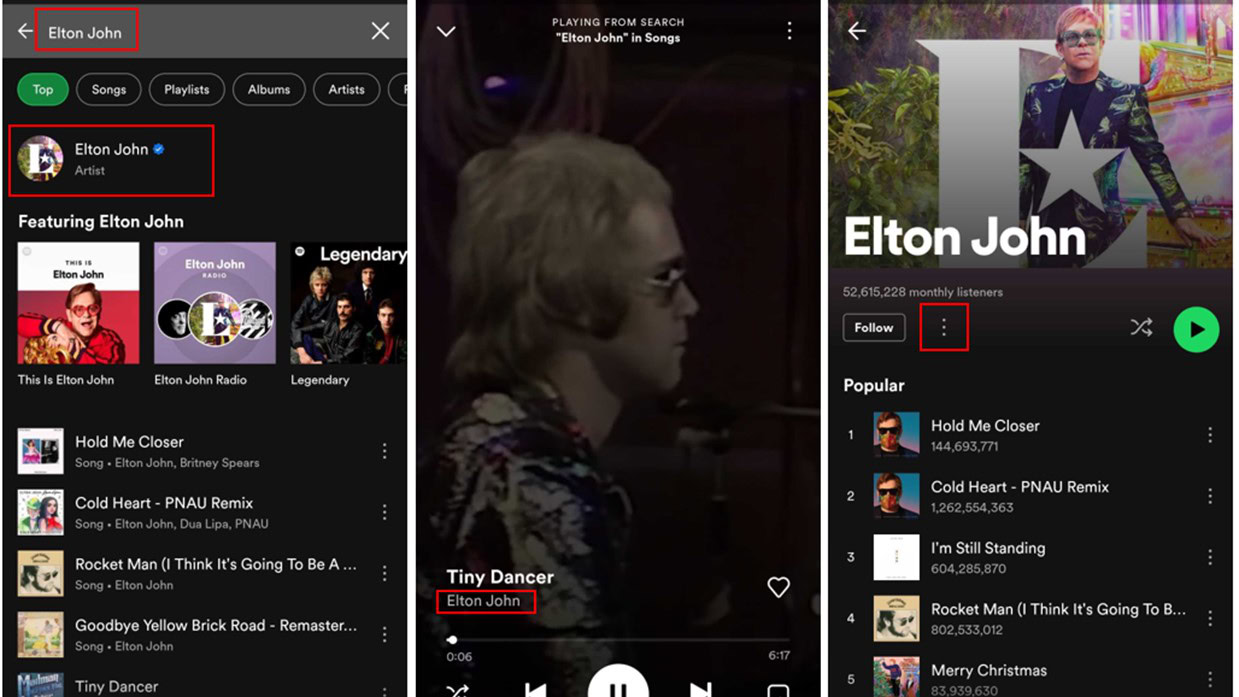 Navigating to an artist profile on Spotify