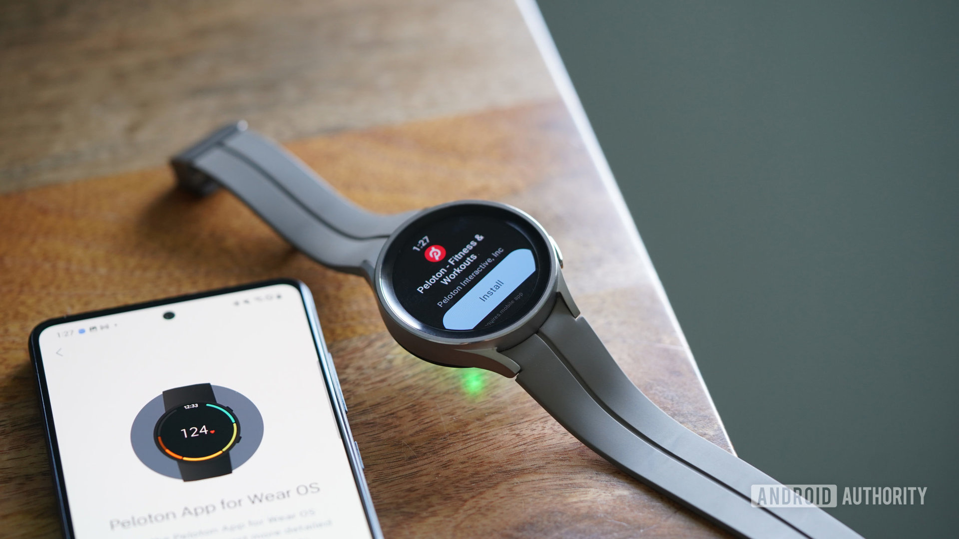 A Galaxy Watch 5 Pro and Galaxy A51 display screens for setting up the Wear OS Peloton app.