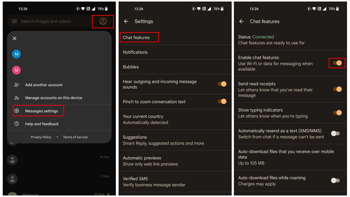 Screenshots showing how to enable chat features in Google Messages 2